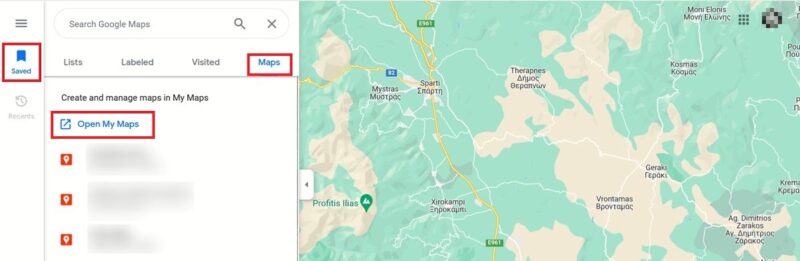 Clicking on "Open My Maps" button under Saved in Google Maps on PC.