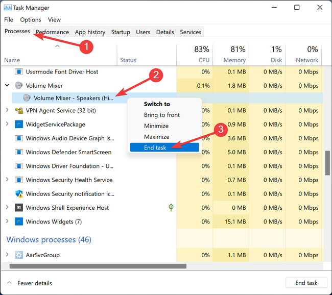Ending Volume Mixer process in Task Manager.