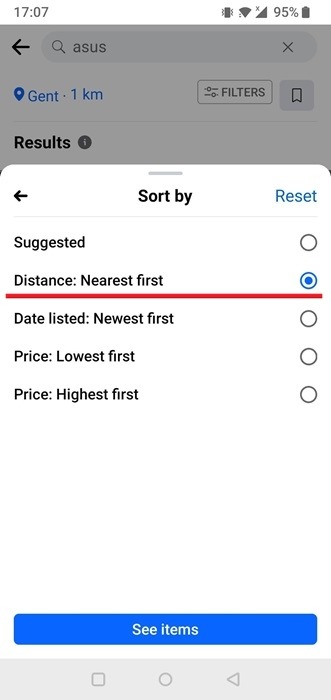 Opting for "Distance: Nearest first" option in Facebook Marketplace on Android.