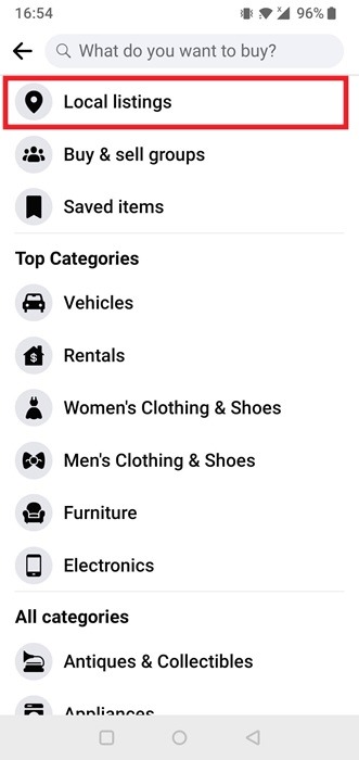 Selecting "Local listings" from Categories in Facebook app for Android.