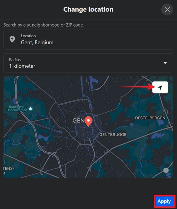 Clicking arrow icon to retrieve current location in Facebook web version. 