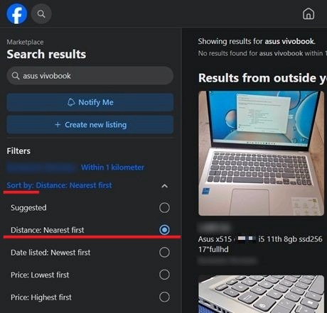 Setting Distance for results in Facebook web version.