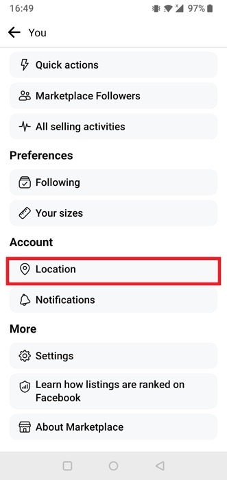 Setting your Location from profile menu in Facebook app for Android.