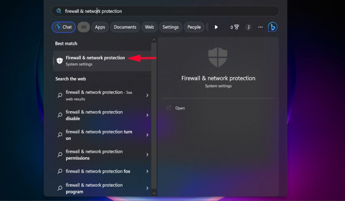 Selecting "Firewall and network protection" from the Search bar.