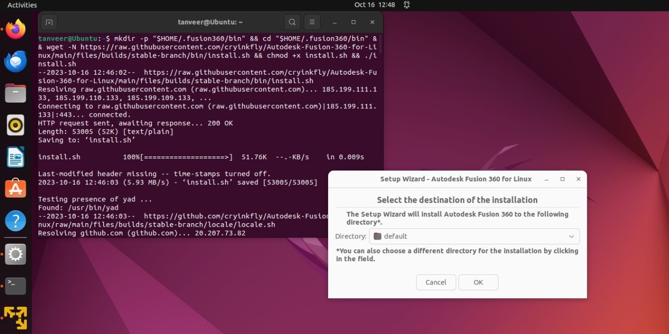 Ubuntu desktop showing terminal window and Fusion 360 dialog box
