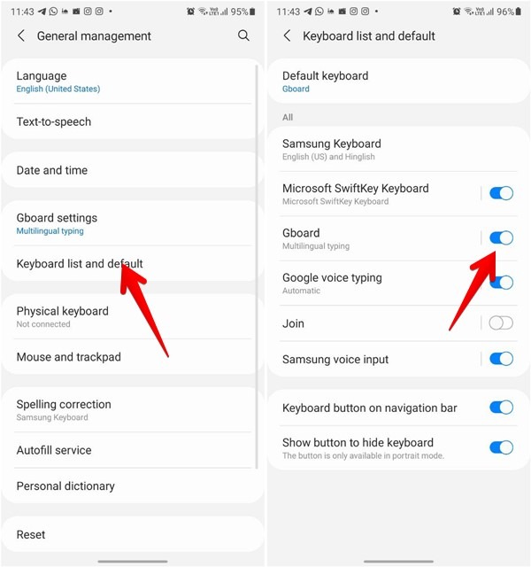 Enabling Gboard from "Keyboard list and default" in Samsung Galaxy phone settings. 
