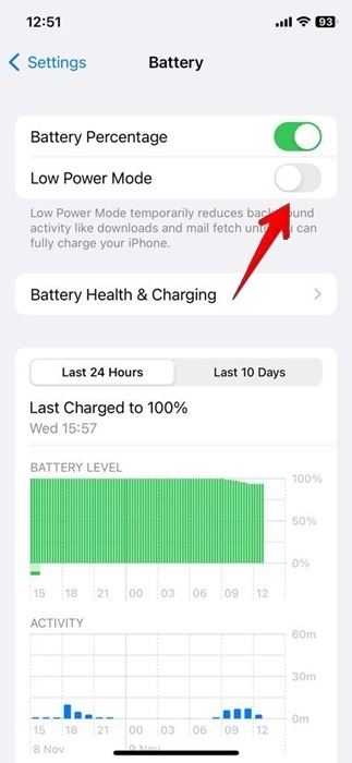 Disabling "Low Power Mode" option under Battery in iOS Settings.
