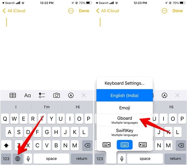 Long-press on globe icon on keyboard on iOS device.