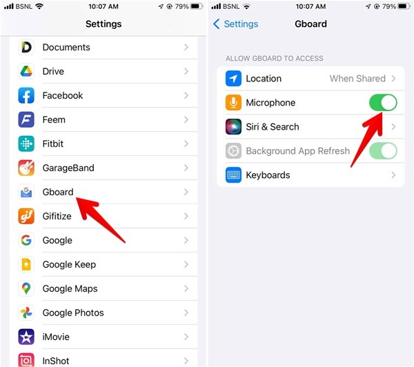 Enabling Microphone access for Gboard from iOS Settings.