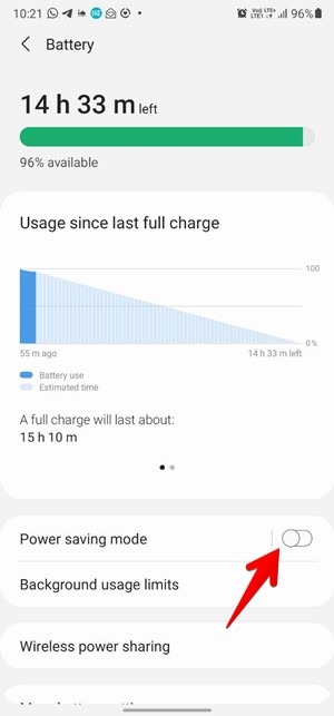 Turning off Power Saving Mode in Battery Settings on Android.