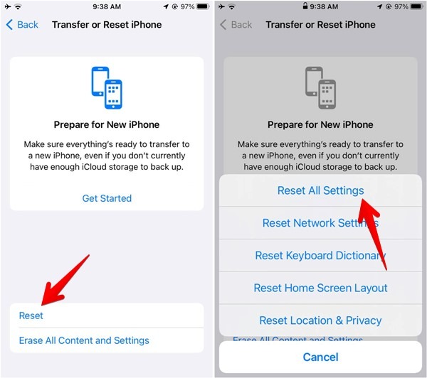 Selecting the "Reset All Settings" option from iOS settings.