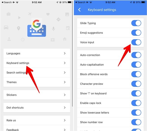 Enabling "Voice input" under Keyboard settings in Gboard app for iOS.