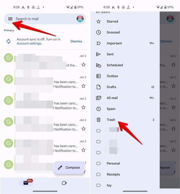 Finding the "Trash" option in the Gmail app. 
