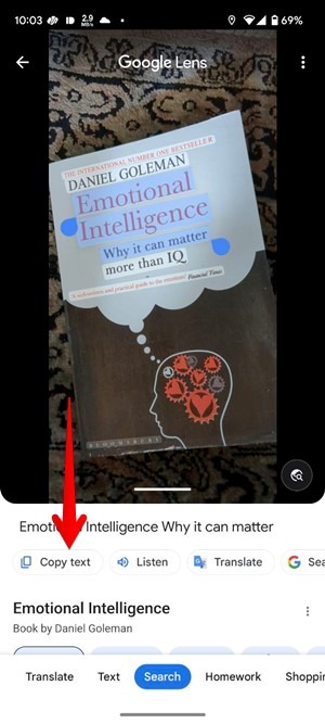 Copying text from photo recently snapped in Google Lens app. 