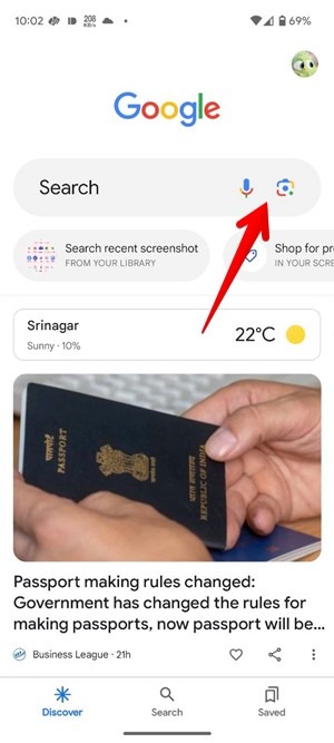 Tapping on Google Lens icon in Google app. 