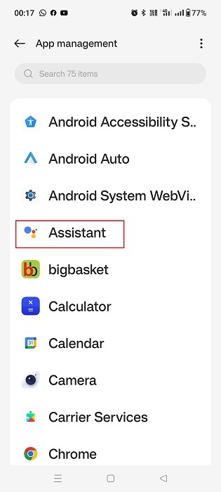 Google Assistant app identified in App Management settings of Android phone.