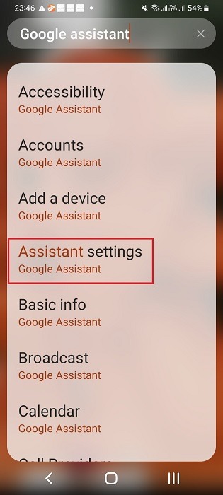 Assistant Settings on an Android phone found using search widget.
