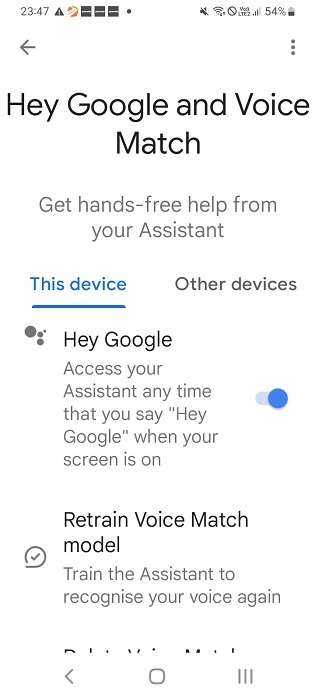 Hey Google option turned on in "This device" referring to Android phone.