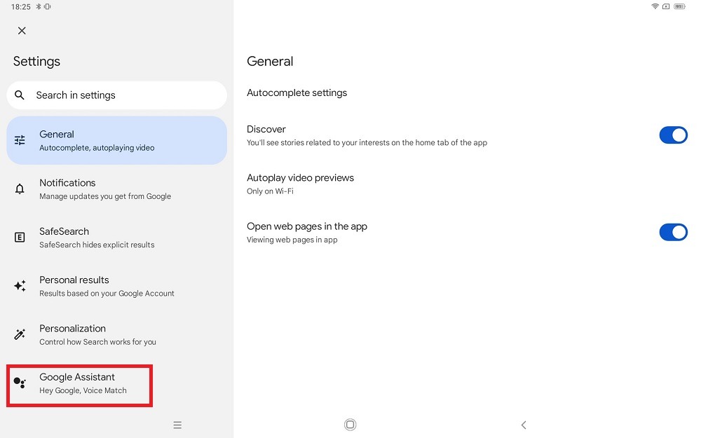 Click Google Assistant from Settings menu in Android tablet.