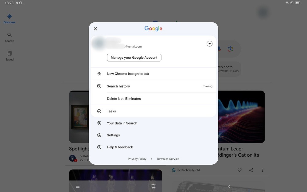 Open Settings in Google app after tapping account icon on an Android tablet.