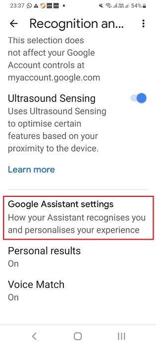 Google Assistant settings on Home app for Nest speaker.
