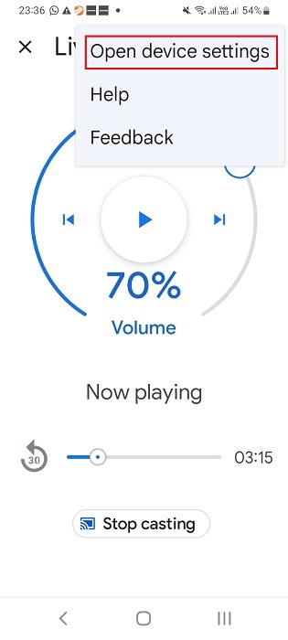 Clicking on"Open device settings" on Nest speaker in Google Home app.