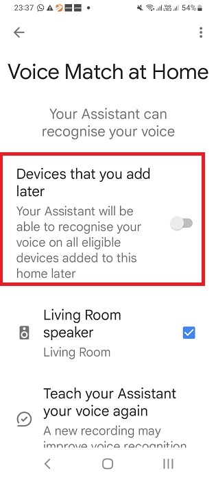 Voice match turned off in Google Assistant in Google Home app for Nest speaker.