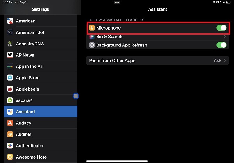 Turning Google Assistant microphone off in iPad.