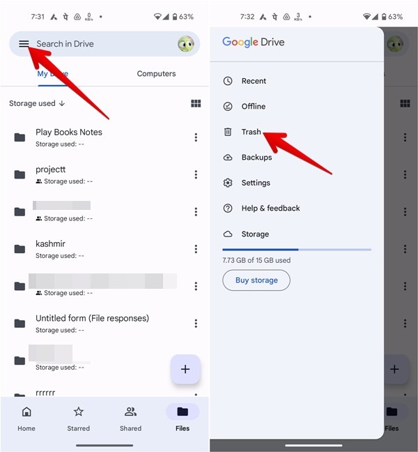 Selecting the "Trash" option in Google Drive app. 