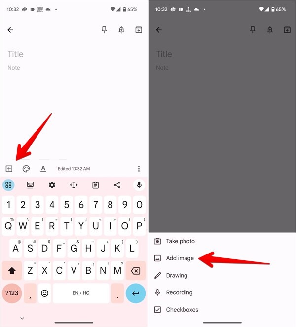 Tapping "+" button in Note to upload image to Google Keep app. 
