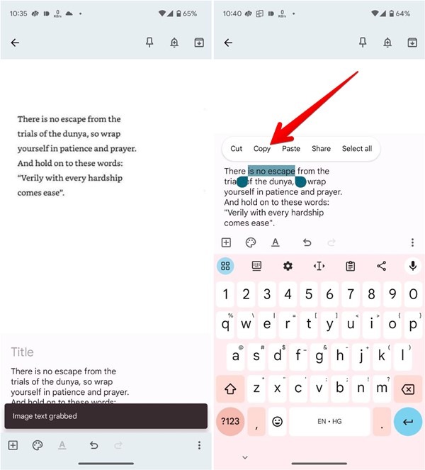 Selecting the "Copy" option in Google Keep app. 