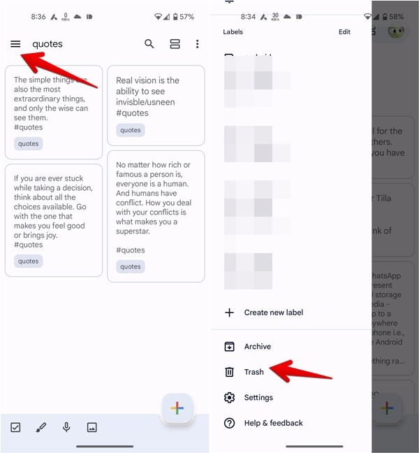 Finding the "Trash" option in the Google Keep app.
