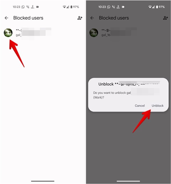 Blocked users list in Google Meet app and unblocking one contact.
