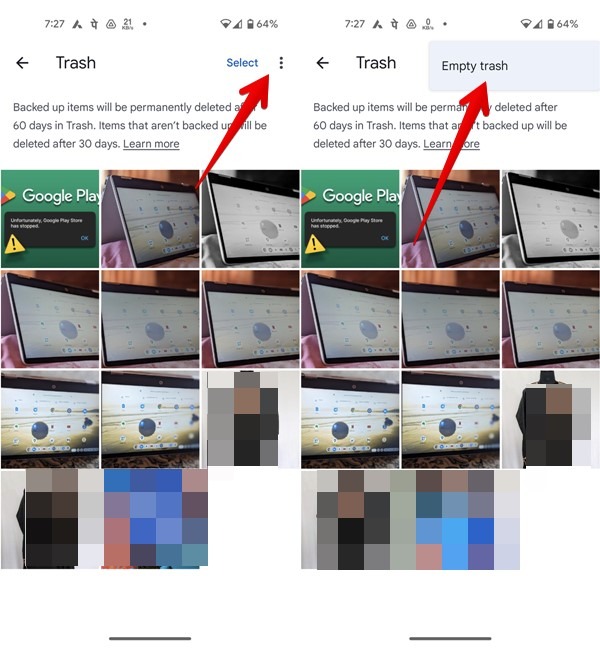 Clicking on "Empty trash" option in the Google Photos app. 