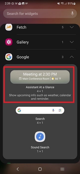 Tapping on "Assistance at a glance" option from Widgets menu on Android device. 