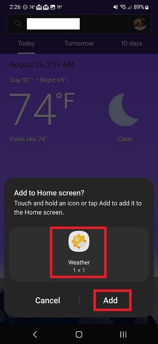 Adding Weather shortcut on home screen on Android phone. 