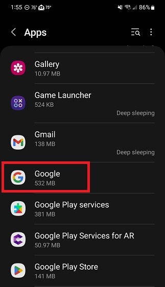 Navigating to the Google app under Android Settings.