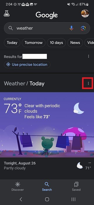 Tapping on three dots in Google app after searching for weather. 