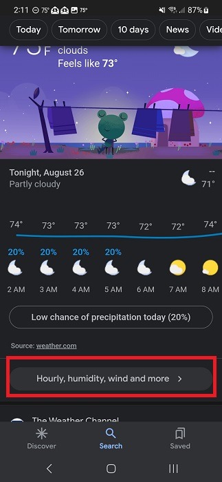 Viewing weather report details for set location in the Google app. 