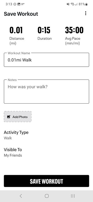 Saving a workout in Map My Walk.