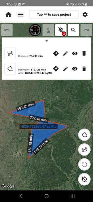 Measuring distance and area in Mapulator, one of the top distance measuring apps.