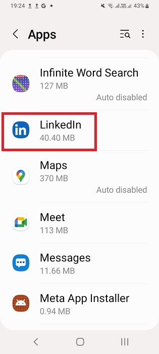 Hidden Android app identified in scrollable list of all apps.
