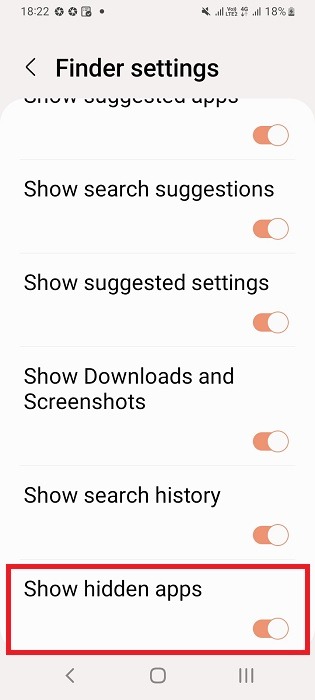Show hidden apps toggle switch on in Android Finder settings. 