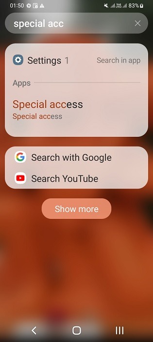 Special Access menu searched for in Settings of Android search bar.