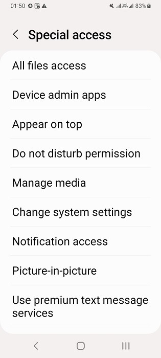 Various types of Special Access provided in Android phone's settings. 