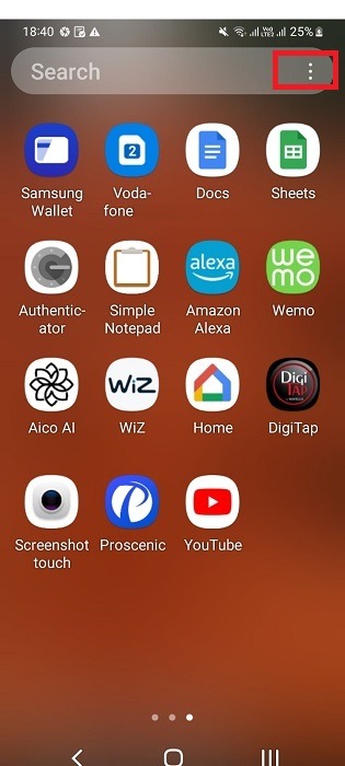 Three dot menu on Android phone's app drawer homescreen.