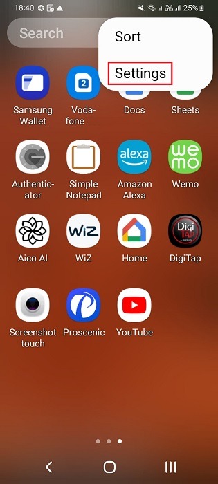 Choosing Settings option in Three-dot menu of Android App drawer. 