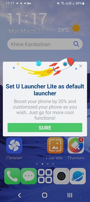 ULauncherLite application enabled as default launcher of Android home screen.