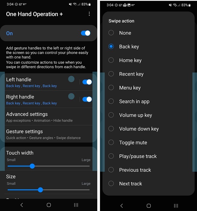 App interface overview for One Hand Operation+.
