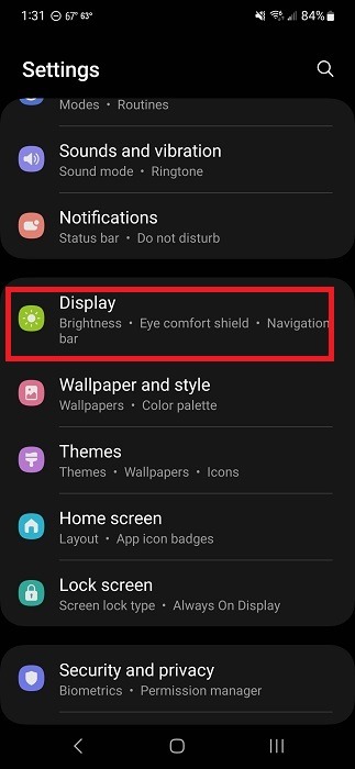Navigating to "Device" in Android Settings. 